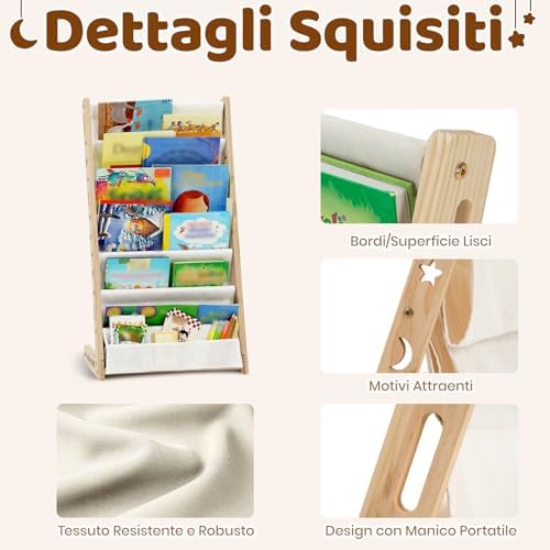 Libreria Montessori per Bambini Con 6 Scomparti in Tessuto Oxford - Libreria per Bambini in Legno Naturale - Libreria Montessori Con Bordi Arrotondati e Design Spazio-Saving(Naturale)