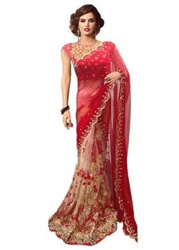 Women's Georgette and Net Red Colour Saree With Blouse Piece