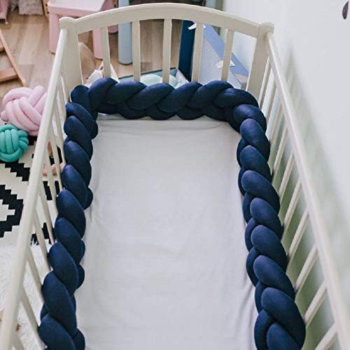 Baby Crib Bumper Knotted Braided Plush Nursery Cradle Decor Newborn Gift Pillow Cushion Junior Handmade Bed Sleep Bumper Navy 157 inch