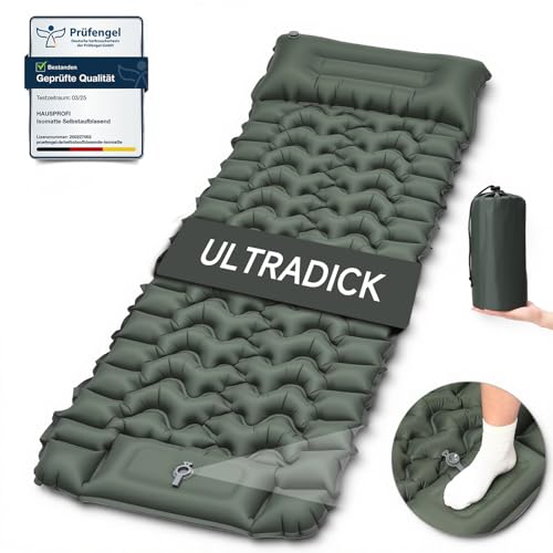 HAUSPROFI Sleeping Mat Camping Air Mattress Extra Wide Ultralight Inflatable - with Integrated Cushion & Foot Pump, 196 x 70 x 9 cm, 40D TPU, Small Pack Size for Outdoor & Travel