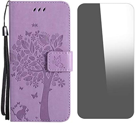 iPhone 7 Plus Case, iPhone 8 Plus Case, Conber Shockproof Leather Wallet Flip Case Cover + (Free Screen Protector), Vintage Emboss Tree and Cat Case for Apple iPhone 7 Plus/iPhone 8 Plus - Lavender