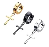 Stainless Steel Cross Dangle Hinged Hoop Huggie Earrings for Men Women 3 Pairs