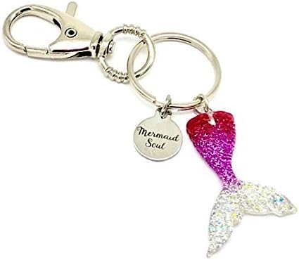 Mermaid Tail, Mermaid Soul Laser Etched Keychain with Fuschia Purple Resin Glitter Tail