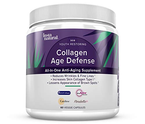 Collagen Age Defense Daily Supplement - Natural - Reduces fine Lines, Wrinkles & Discoloration - with BioCell Collagen & Hyaluronic Acid - InstaNatural - 60 Veggie Capsules