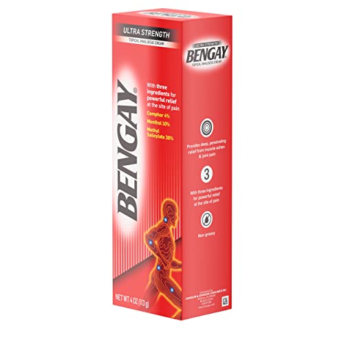 BENGAY ULTRA STRENGTH TOPICAL PAIN RELIEF CREAM, NON-GREASY TOPICAL ANALGESIC FOR MINOR ARTHRITIS, MUSCLE, JOINT AND BACK PAIN, CAMPHOR, MENTHOL AND METHYL SALICYLATE, 4 OZ