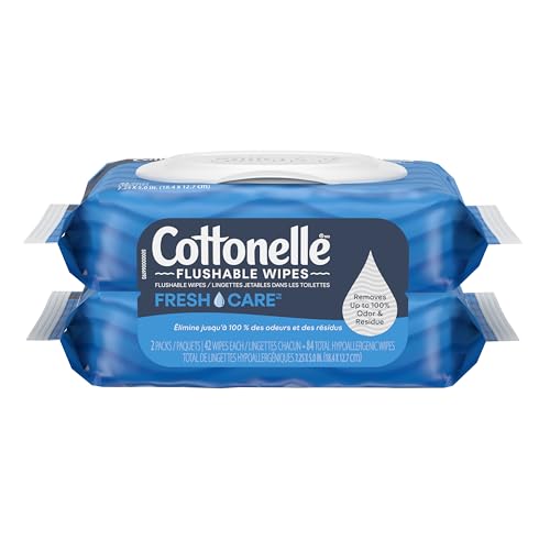 Cottonelle Fresh Care Flushable Wet Wipes, Adult Wet Wipes, 2 Flip-Top Packs, 42 Wipes per Pack (84 Total Flushable Wipes) | 42 Wipes Per Pack, Plant-Based, FSC Certified, Septic-Safe, Unscented, Adult Use