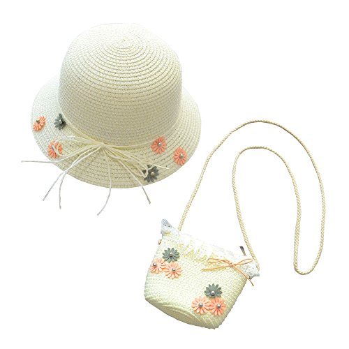 Straw Sun Hat Bag Set, Cute Bow Summer Beach Flower Bow Lace Sun Cap and Handbag for Kids Girls (White)