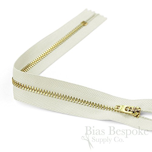 Set of 12 Pants Zippers, 9", Gold Metal Teeth and Bone White Tape, Bias Bespoke Brand