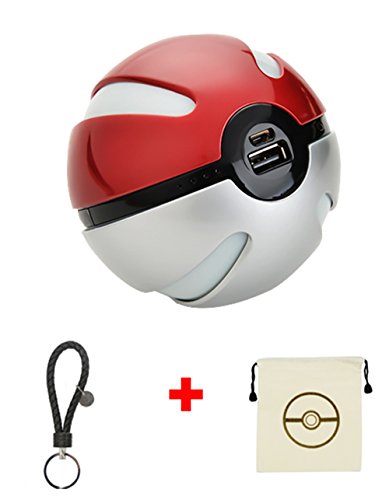 BKING-BOX Pokemon Go 10000mAh Power Bank USB Dual Battery Poke Ball Travel Portable Charger With LED Light for Phone and Keychain +Small Pokeball Drawstring Bag