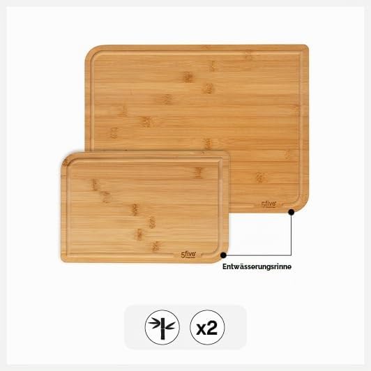 5five – Set mit 2 Bambus-Schneidebrettern – 35 x 25 cm und 22 x 15 cm, mit Nut – Küchenutensil