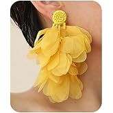 Bohemian Flower Drop Dangle Earrings Vintage Handmade Chiffon Floral Long Tassel Earrings Exaggerated Big Flower Stud Earrings Wedding Bridal Party Ear Jewelry for Women