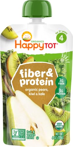 HAPPY TOT ORGANICS STAGE 4 BABY FOOD POUCHES, GLUTEN FREE, VEGAN SNACK, FIBER & PROTEIN FRUIT & VEGGIE PUREE, PEARS, KIWI & KALE, 4 OUNCE (PACK OF 1)