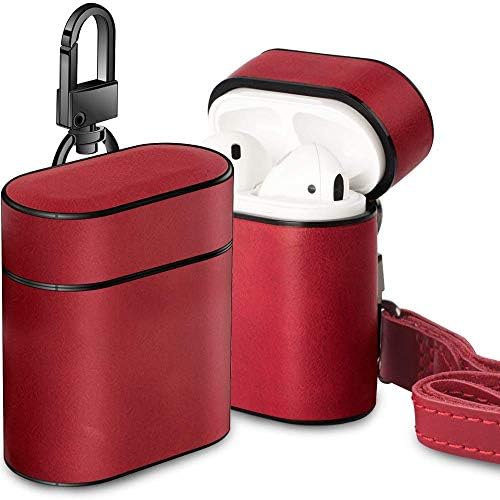 Market affairs Genuine Leather Plastic Skin Portable Protective Cover with Metal Clasp and Leather Lanyard Compatible with Apple AirPods Charging Case (Cherry Red)
