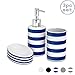Harbour Housewares Blue and White Striped Ceramic 3 Piece Bathroom Set. Including Soap Dispenser, Soap Dish and Toothbrush Tumbler