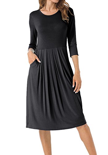 Levaca Women's 3/4 Sleeve Pockets Pleated Loose Swing Casual Midi Dress Black L