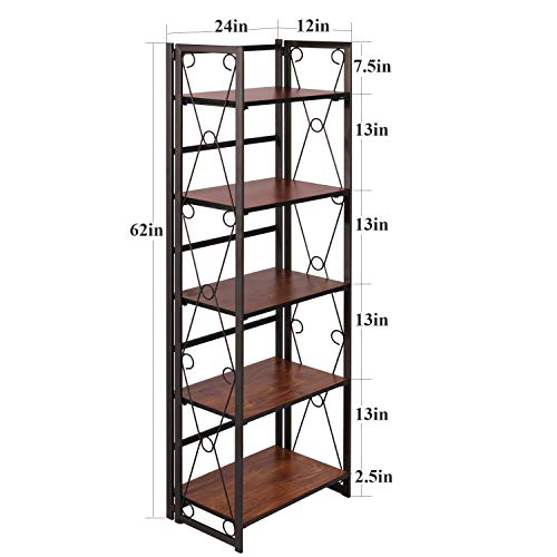 VECELO 5 Shelf Bookcase,NoAssembly FoldingBookshelf,Industrial