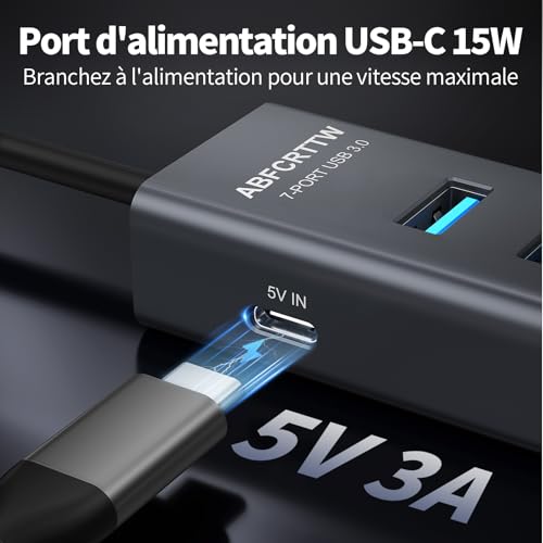 7 Port USB 3.0 Hub, Aluminium Hub with 120 cm Cable for Desktop, USB Multiport Adapter with 4 USB-A & 3 USB-C, 5V 3A Type-C for PC, Laptop, MacBook, MacBook, Mouse, Keyboard, U Disk etc