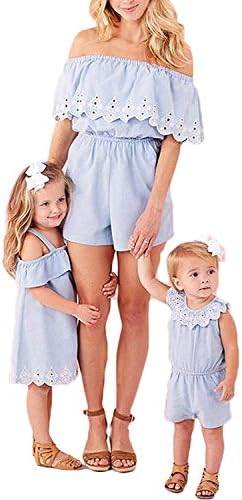 Mom and me Matching with The Shoulders of The Denim Ruffle Jumpsuit Short Romper Mother Daughter in General Summer Family Clothes