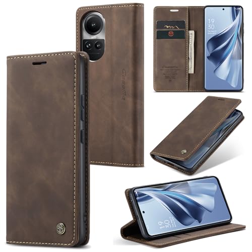 Cracedily Premium Leather Wallet Case with Magnetic Card Holder Stand for Oppo Reno 10/10 Pro - Coffee