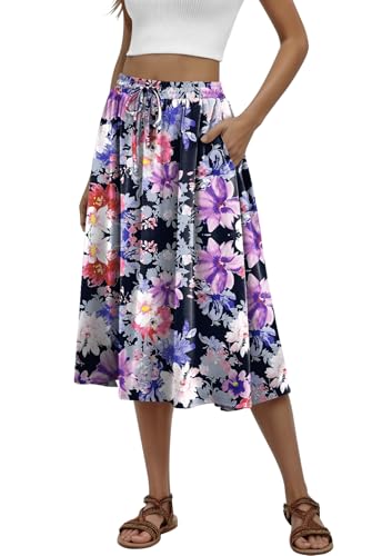 MLXSJ Women Midi Skirt Summer Flowy Skirts Mix Flower Black M at Amazon