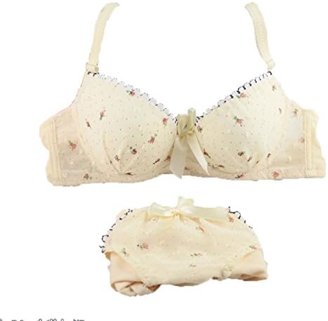 A AURA Sexy Women Bowknot Lace Dot Floral Print Everday Padded Bra Push Up Underwear Set (B, Yellow, 34)