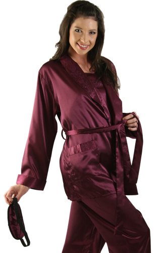 Del Rossa Women's Embroidered Satin 4-Piece Pajama Set with Robe