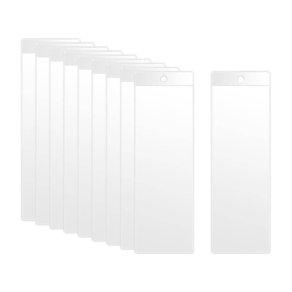 JIHUOO 10 Pcs Clear Bookmark Pouches Book Marker Covers Plastic Bookmark Covers Transparent Bookmark Sleeves Photo Booth Picture Holders with Hole
