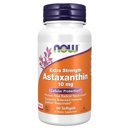 now supplements, astaxanthin 10mg, extra strength,derived from non-gmo haematococcus pluvialis microalgae and has naturally occurring lutein, canthaxanthin and beta-carotene, 60 softgels