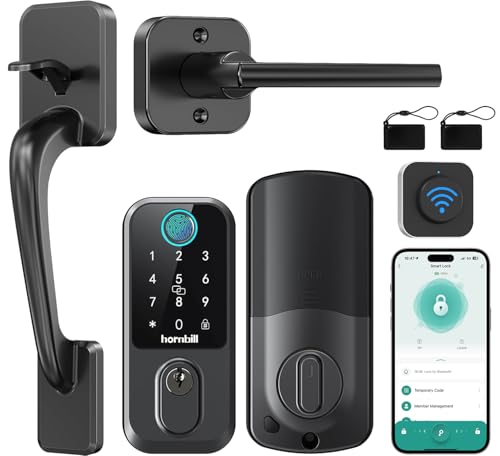 Front Door Lock and Handle Set, Hornbill WiFi Fingerprint Door Lock, Smart Keyless Entry Electronic Keypad Deadbolt for Front Door, Compatible with Alexa, Auto Lock, Matte Black