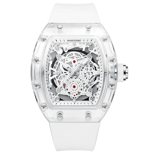KIMSDUN Stylish Skeleton Sport Watches, Waterproof, Analog Quartz Date Calendar Wristwatch, Transparent Tonneau Case Casual Watch, Silicone Strap for Men Unisex