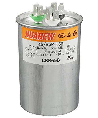 HUAREW 45+5 uF ±6% 45/5 MFD 370/450 VAC CBB65 Dual Run Start Round Capacitor for Condenser Straight Cool or Heat Pump Air Conditioner or AC Motor and Fan Starting: Industrial & Scientific