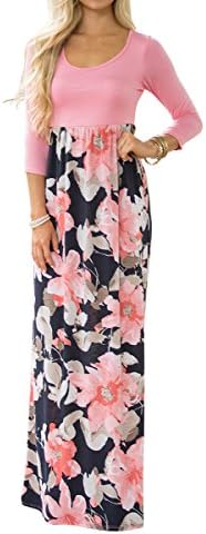 Evoky Women's Floral Print Long Sleeve Loose Plain Maxi Dresses Casual Long Dresse Maxi Dresses (LL0110, XL)