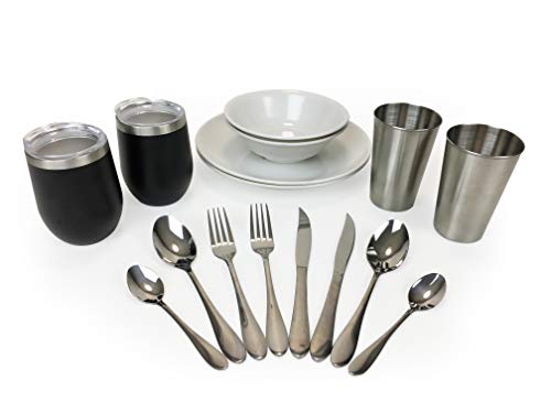 LUXURY CAMPING UTENSILS SET for 2- Includes Camping Silverware Set, Insulated Camping Mugs, Camping Plates Cups And Bowls Set. Coordinated Outdoor Camping Dinnerware Set For Rv, Camper, Family Camping