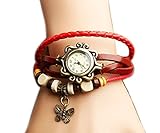 PPPerson Fashion Butterfly Pendant Quartz Retro Weave Wrap Around Leather Bracelet Lady Woman Wrist Watch