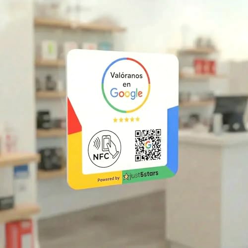 just5stars - Google Reviews Poster - NFC and QR - No Subscriptions - 12cm x 12cm - Includes sticker and stand.