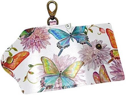 EZIOLY Flying Butterflies Floral PU Leather Car Key Chain Card Holder with 6 Hooks & 1 Keychain/Ring