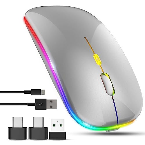Wireless Mouse for Laptop With 2 USB A to USB C Adapter, 2.4GHZ Bluetooth Mouse Rechargeable, US B Mouse 3 Buttons-Laptop Mouse Wireless PC Mous e 800 to 2400 Dpi, Lapto p Mouse Computer Accessories