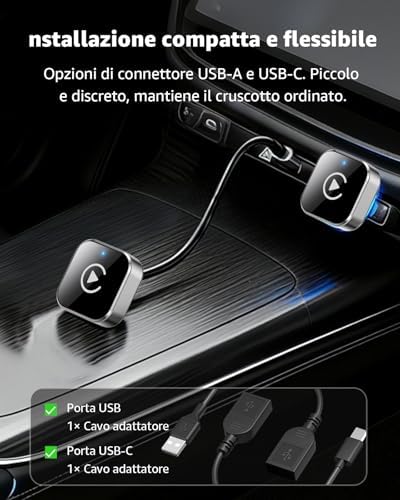 Adattatore CarPlay Wireless e Android Auto Wireless, USB-C/USB-A Plug & Play, Convertitore da Cablato a Wireless, WiFi 2.4G/5G, Connessione Automatica, per iPhone iOS 10+ e Android 11+, Argento