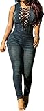 Lovaru Women's Sleeveless Bodysuit Boyfriend Denim Romper Hole Jean Tank Jumpsuit (X-Large, Dark blue)
