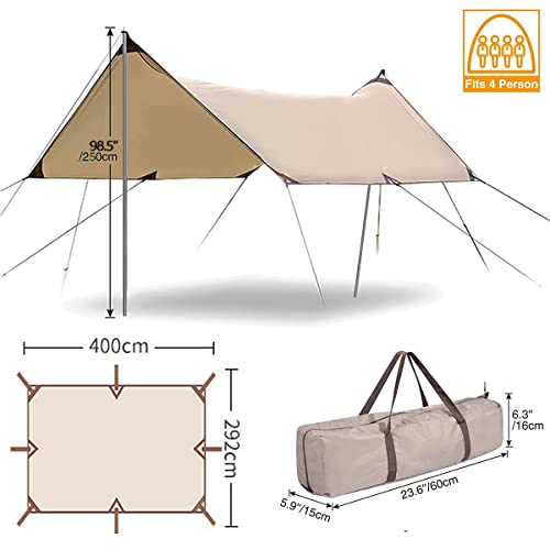 Overpassing Camping Tent Tarp Sun Shelter Canopy Beach Sunshade with Poles, 4-6 Person PU 3000mm Lightweight Awning Canopy Sun Shelter For Outdoor Camping Fishing Backyard Picnics Pool (3 * 4 meter)