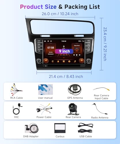 【Dab】 2G+64G Android Car Radio for VW Golf 7 2013-2017, 9 Inch Touch Screen Car Radio Wireless Carplay Android Auto Navi GPS WiFi Mirror Link Bluetooth FM/RDS/DVR/EQ/SWC Backup Camera