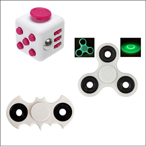 Fidget Bundle - Pink &amp; White Fidget Cube, Glow in the Dark Tri-Spinner, and White Batman Spinner