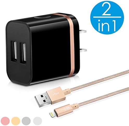 2in1 SEGMOI [Apple MFi Certified] Lightning Charger Cable 3ft/1M Nylon Braided Charging Cord + US Plug Dual USB Port Wall Adapter for iPhone 5 5s SE 6 6S 6Plus 7 7Plus (Black-Gold Kit)