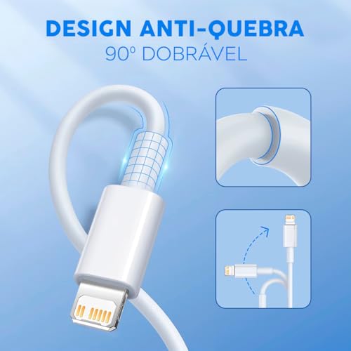 Cabo para Carregador Turbo, Compativel c/iPhone 6 7 8 X Xs 11 Se 12 Xr 13 14 Pro Max, Branco, Entrada USB, Reforçado, 1 Metro, Carregamento Rápido e Transferência de Dados