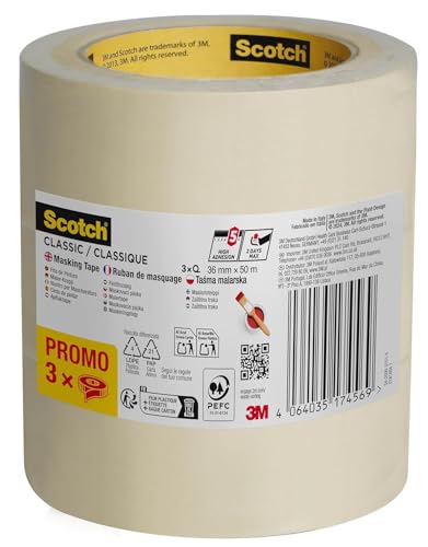 Scotch Kreppband Classic, Promo Pack, 3 Rollen, 36 mm x 50 m – Hochwertiges Abklebeband für vielseitigen Einsatz, Premium Malerkrepp für Malerarbeiten und Dekoration, 70% PEFC-zertifiziert thumbnail 1