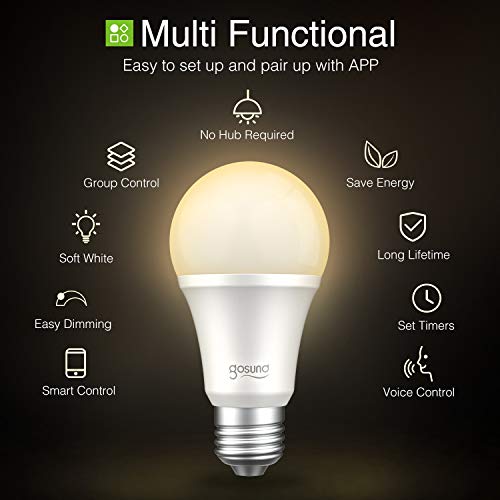 WiFi Smart LED Light Bulb Work with Alexa Google Assistant Gosund, Voice Control APP Remote Control Dimmable, No Hub Required, A19 E26 8W 800lm 75W Equivalent Soft White 2700k (2 Pack)