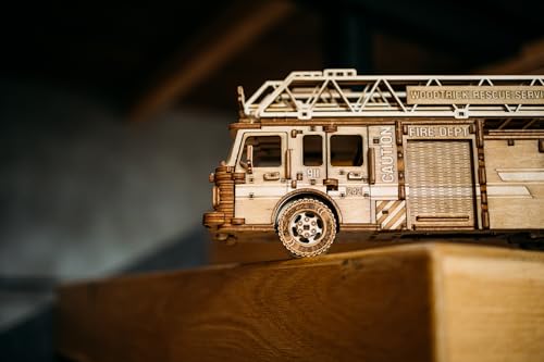 Wood Trick Movable Rescue Fire Truck - Extendable Swivel Ladder - 3D Wooden Puzzle for Adults and Kids to Build - Walks Up to 20 Feet - Wooden Models Engineering