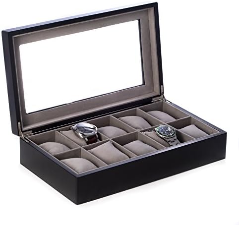 Alex Solid Wood Ten Watch Box, Velour Lined Solid Glass Lid, Matte Black Finish