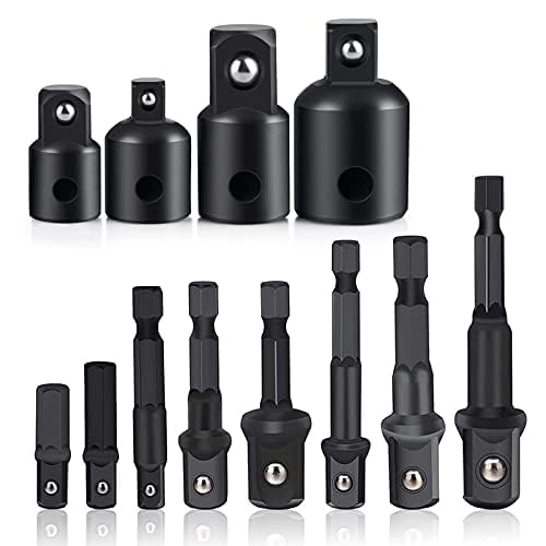 12 Pieces Set Impact Drill Socket Adapter, 1/4" 3/8" 1/2" Hex Shank Adapter Reducer with Extension Set Impact Driver Conversions, Active Rust Protection by Black-Phosphate Coating Treatment