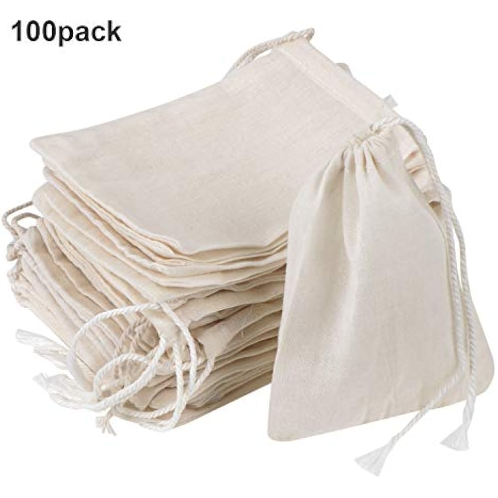 100 Pieces Drawstring Cotton Bags Muslin (4 X 3 Inches) Health
